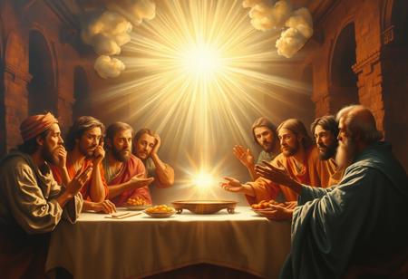 Masterpiece, best quality, score_9, score_8_up, score_7_up, score_6_up, hd, high definition, highly detailed, Painting of the last supper, brunette hair, dark skin, handsome Israeli face emanating bright light, face too bright to see rapturous expression, clouds of glory, bright light coming from his face and hands, shining face, brilliant light, white