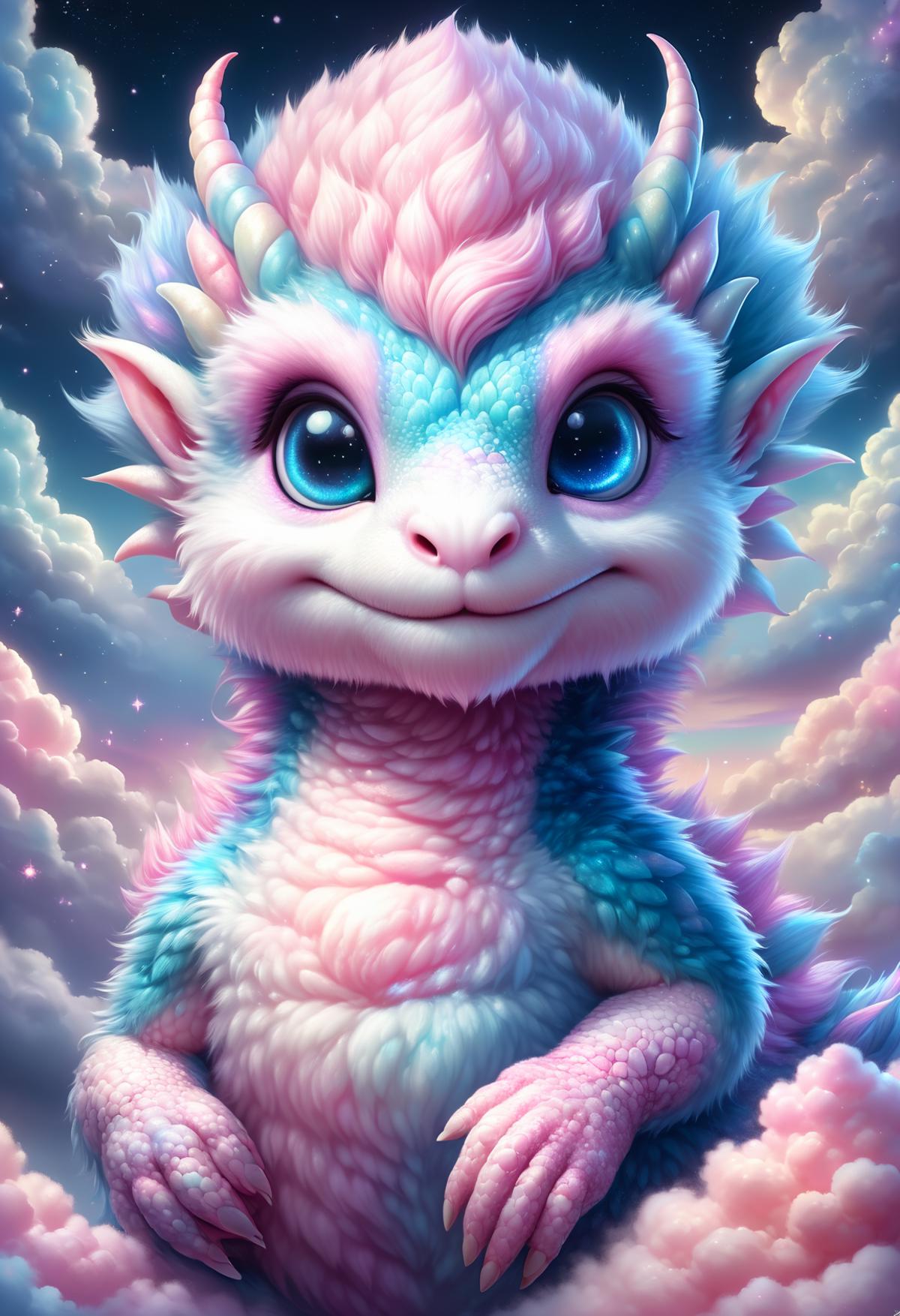 A pink and blue fluffy dragon with a big smile is sitting on a cloud.