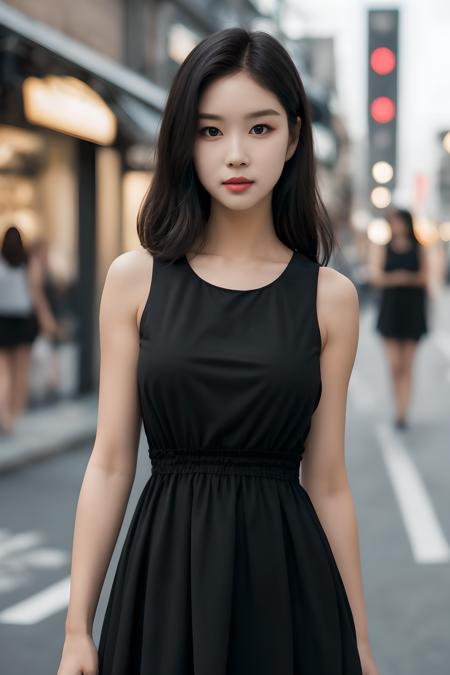 ((tall mature body)), (fair white skin), (upper body:1.2), (lower body:1.2), nikon RAW photo,8 k, Fujifilm XT3,masterpiece, best quality, realistic, photorealistic, ultra detailed, extremely detailed face, solo,1girl, standing at an empty street, fashionable and trendy atmosphere, and a stylish expression on her face, (medium waist), (medium hip), (((black dress))), sleeveless, loose dress, (medium breast), (midnight), looking at viewer, close up,