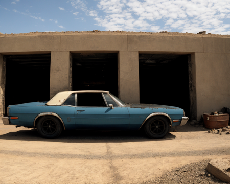 by wesanderson  <lora:WesAnderson_offset:1>,  cinematic, filmic image 4k, 8k with [George Miller's Mad Max style]. The image should be captured in a [wide-angle view] and depict [single] a [post-apocalyptic] V8 [muscle car]. The car's paint is a [black] covered in a spots of [rust] and thin layer of smooth [dust] and [dirt], making it appear [rugged] and [gritty] but with visible [black color] The car's body should be [sleek] and [aerodynamic], giving it a [low] and [aggressive] stance that conveys [power] and [speed]. The front of the car should feature a [distinctive] front nose cone with [rectangular lights] that adds to its [intimidating] appearance. The car's wheels should be [large] and [sturdy], with [thick] tires that can handle the [rough] terrain of the [post-apocalyptic] wasteland. The rims should be made of [durable] metal with a [unique design] that showcases the car's [individuality]. In addition, the car should have [eight exhaust side pipes]. The car should also feature a Weiand 6-71 [supercharger] mounted on the hood, protruding through the bonnet. Car should be designed to look both [powerful] and [functional], built to withstand the [harsh] conditions of the [post-apocalyptic] wasteland. The image should be [ultra-realistic], with [high-resolution] captured in [natural light]. The lighting should create [soft shadows] and showcase the [raw] and [vibrant colors] of the car. The image should be a highly-detailed photography set in a [post-nuclear], [fallout] like setting, conveying a sense of [danger] and [grittiness]. The final image should be a [masterpiece], with a [realistic portrayal] of the Interceptor that is both [intimidating] and [awe-inspiring]. Background should contain [empty desert highway], image takes place before the storm, with the [hot summer sun] still shining brightly in the sky, but in the distance, the sky is a [dark and foreboding shade of blue], hinting at an impending storm