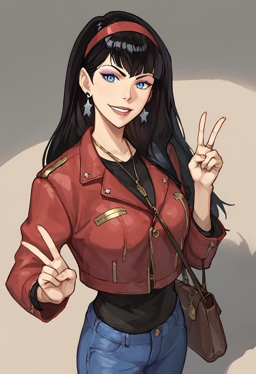 1girl, solo, score_9, score_8_up, score_7_up, source_hidari, wwjl, long hair, black hair, Wonder Woman, purple eyeshadow, red hairband, subtle lipstick, blue eyes, earrings, blue denim pants, red jacket, black shirt, gold necklace, looking at viewer, purse, subtle smile, peace sign, hime bangs, pupils,