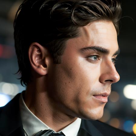 face portrait of zacefron person using a tuxedo, in blade runner, professional photography, high resolution, 4k, detailed photo,   <lora:zacefron_28800:1>