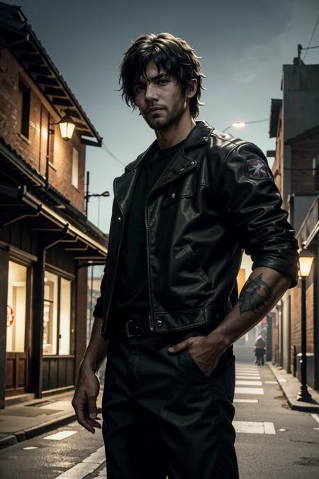 ((ultra detailed, masterpiece, best quality))
 <lora:RE3Carlos:0.8>
RE3Carlos, 1boy, solo, brown eyes, Under the glow of a streetlamp, fitted leather jacket, casual yet stylish, a glimpse of tattoos visible, hands in pockets with a nonchalant pose