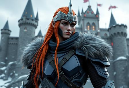 A highly detailed, lifelike depiction of a Cyber Soldier from Darkworld, adorned in navy blue armor and adorned with fur shoulder pads, standing in front of a Castle of Dark Illusions. The soldier, with long red-orange hair and a light grey crown, draws inspiration from Samuel F.B. Morse and Mór Than. The artwork is designed for a game, following the golden ratio and showcasing terracotta shaders. Created with Octane Render, it embodies the styles of H.R. Giger, Charles Marion Russell, and Simon Stalenhag, aiming to trend on ArtStation.