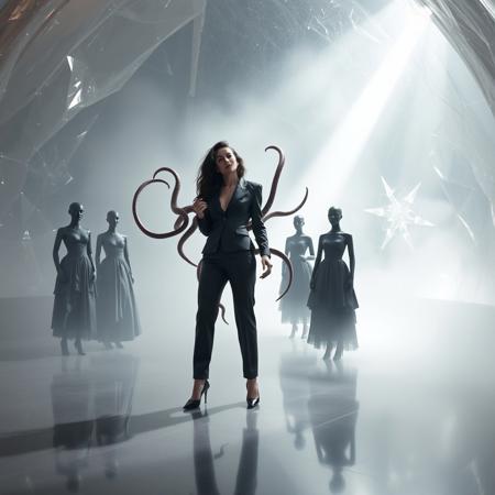 Ethereal, raven-haired Norwegian socialite, clad in a sumptuous, silk satin trouser suit and stiletto heels, stands ensnared within a gargantuan, crystalline jelly dome, its translucent walls glistening with an otherworldly sheen, as if infused with an extraterrestrial essence. Tentacles, like ghostly fingers, wrap around her lithe form, emerging from the depths of a fog-shrouded abyss, while a coterie of black, Victorian-era mannequins, draped in tattered, luxurious ball-gowns, stand as silent witnesses, frozen in a tableau of macabre elegance. Above, a blindingly intense light beam illuminates the scene, casting an eerie glow upon the polished steel floor, which seems to stretch on forever, like a catwalk into the very abyss of madness. The atmosphere is heavy with foreboding, as if the very fabric of reality is about to unravel, revealing the dark, labyrinthine recesses of a long-abandoned, cosmic horror. Inspired by the surreal, biomechanical visions of H.R. Giger, the eerie, atmospheric lighting of Roger Dean, and the masterful, cinematic storytelling of Ridley Scott, this haunting, live-action film still is a testament to the transcendent power of cinematic art, with its meticulously crafted, 35mm film aesthetic, replete with subtle, film grain textures, and a rich, color graded palette, evoking the very essence of a bygone era, lost in the depths of space and time.