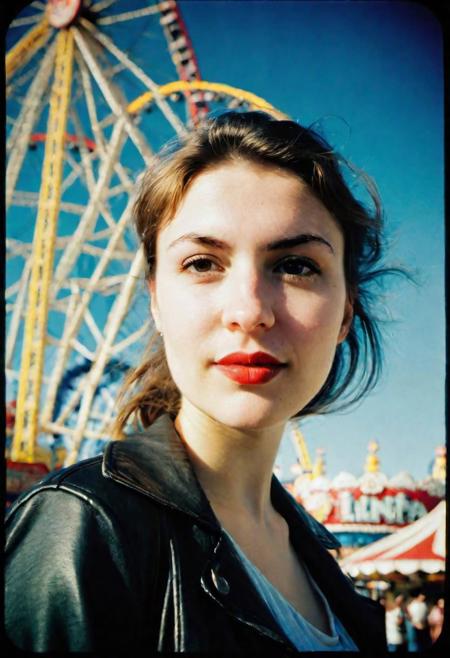 european woman 25 years old at luna park, cinestill 800t film, from side and below, artsy, harsh shadows, ulta wide angle, flash,overexposed, faded, grainy,blurry, pixelated, motion blur, vignette