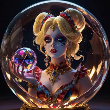 A mysterious and sexy blonde female jester placed within a magic crystal ball, where she can dance and do her acts in a harlequin outfit, but unable to escape from the crystal ball.