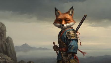 closeup portrait of an anthropomorphised fox samurai warrior on a rocky ledge dramatic sky by ClassipeintXL