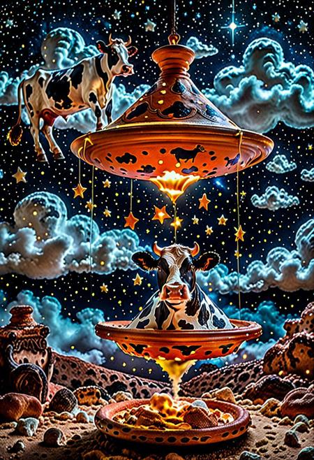 A tagine-shaped flying saucer in the night sky, emitting a glowing vertical light that pulls a cow upward, the cow floating with its legs dangling, atmospheric clouds and stars in the background, humorous and surreal scene, masterpiece, best quality, very aesthetic