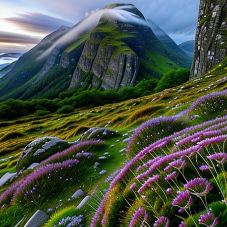 highland scotland landscape background, Clover, bunch grass, Crystals, rocks, crags, clouds and fog