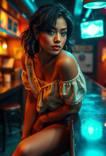 Masterpiece, best quality, score_9, score_8_up, score_7_up, full body photo,  a 30 year old femboy on hormones,  prostitute,  (brown eyes), dusky skin,  makeup, lipstick, full lips, golden hoop earrings, pendant,  short hair, wavy hair, (black hair), bangs, focused eyes, 
((pale floral) (off shoulder) (loose) cropped tshirt), pantyhose, torn denim shorts, boots
perfect face, flirting eyes, smirk, coy, blush,
leaning at bar,  looking at viewer,
(detailed), dramatic angle, cinematic lighting,