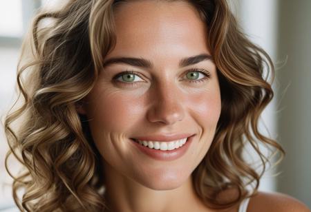 A meticulously detailed, hyper-realistic studio portrait of Olivia, a 35-year-old woman with sun-kissed skin and bright green eyes. She has a slim, oval, delicately contoured face with high cheekbones, a narrow jawline, and a subtle V-shaped chin. Her wavy, short-length light brown hair is casually tousled, framing her naturally beautiful face. Her skin has realistic texture: visible pores, soft natural wrinkles, gentle laugh lines, and minor imperfections that enhance authenticity. She wears a warm, genuine smile with slightly imperfect teeth. The lighting is soft window daylight, captured with an 85mm lens at f/4, with natural color grading and an unedited RAW film look — inspired by Kodak Portra 400. No makeup retouching, no plastic effect, no artificial smoothing.