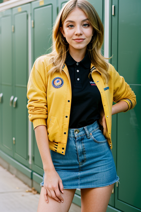 SydneySweeney, 1980s high school campus vibe, preppy style, vintage varsity jackets, plaid skirts, pastel polo shirts, stone-washed jeans, locker-lined hallways, retro classroom decor, old-school chalkboards, filmic grain and soft focus, youthful energy, carefree moments, analog nostalgia