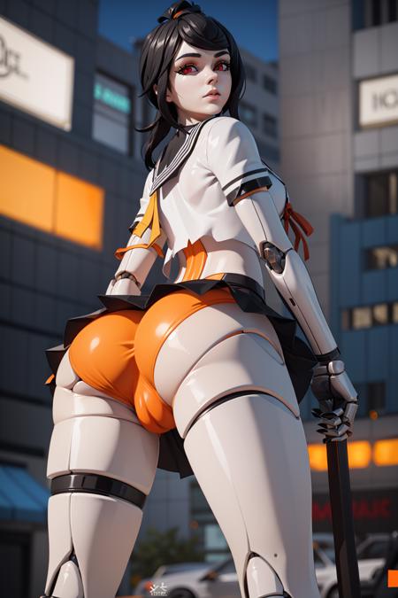 <lora:VRAMsTsuki:0.65>, xyztsuki, 1girl, solo, from behind, stiches, android, black hair, looking at viewer, black skirt, closeup, school uniform, ponytail, serafuku, sailor collar, blurry, blurry background, joints, pale, mechanical arms, 3d model cycles render,  cyborg, joints, long hair, looking at viewer, mechanical arms, mechanical parts, cyberpunk, orange, made of plastic, heavy eyeliner, suspending, red eye color, lifting skirt, showing ass, cameltoe