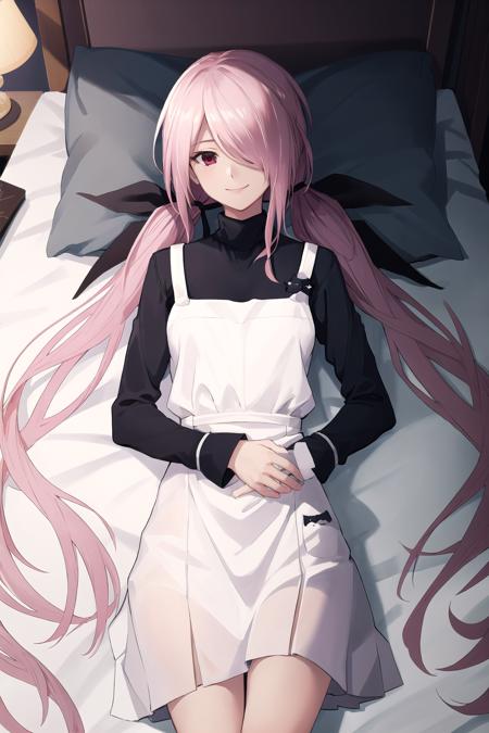 absurdres, best quality, masterpiece, 1girl,  <lyco:minamisawaSenri-000020:1>, minamisawa senri, white dress, turtleneck, lying, on bed, smile