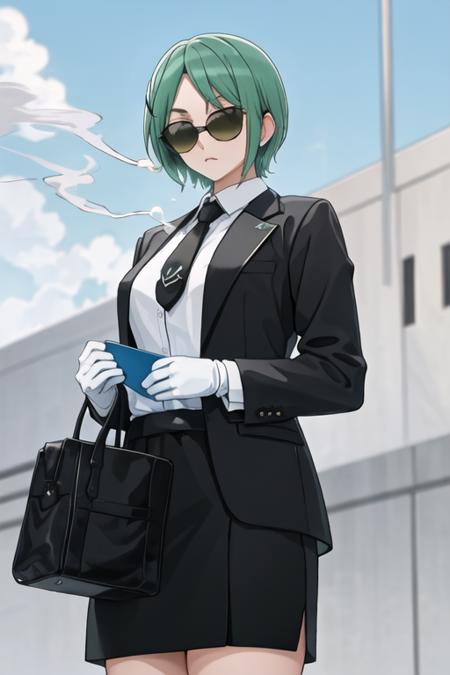 best quality, masterpiece, highres, solo, {black business suit:1.40}, {tie:1.20}, {sunglasses:1.25}, {white gloves:1.15}, {white shirt:1.10}, {black skirt:1.15}, {smoking:1.20}, handsome, {minano_matome_mangakasantoassistantsanto:1.15}, green_hair, short_hair, yellow_eyes