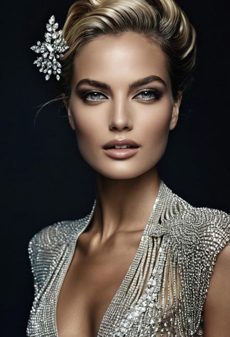 Uma mulher bonita e maquiada com traços faciais delicados, cabelos照altos, olhos brilhantes e sorriso suave, com uma maquiagem precisa e sofisticada em um estilo glamour, inspirado no estilo fotográfico de Peter Lindbergh, com um toque de realismo de Gottfried Bammes e o acabamento suave e detalhado de Stefan Rappo.