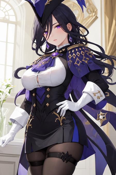 masterpiece, best quality, highly detailed, 1girl, solo, giclorinde, purple eyes, large breasts, hair between eyes, long hair, dark blue hair, earrings, black skirt, miniskirt, pantyhose, purple ascot, purple capelet, black corset, black pantyhose, black skirt, white gloves, hat, tricorne, <lora:clorinde-08:1>