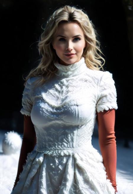 snowflake, winter, snow, European women, Large breasts, long hair, blond hair, older female, score_9, score_8_up, score_7_up, score_6_up, score_5_up, score_4_up, cose-up, face focus, upper body, semi side view, UHD, 8K, masterpiece, detailed, <lora:add-detail-xl:1.4>, ultra_high_resolution, lots of detail, OverallDetailXL, detailxl, regalres, Masterpiece, 32k, photorealistic:1.4, score_9, score_8_up, score_7_up, Caitlin, (small waist:2.9), fitness body, toned muscles, wide hips, slender legs, high cheekbones, oval face, 27 years old, mature female, milf, makeup, curvy, garden, pretty face, SUPERMODEL, jewelry, solo, lillybunz, big bright eyes:, beautiful eyes, fully dressed, high turtle neck, straw winter coat, outdoors, short sleeves, wrinkles, blonde, smiling, 1girl, blue eyes, closed dress, high neck closure, fully dressed, long dress, red dress,  (white flakes patterned dress:1.5), Snow Cloth, (trowing snowball:2).