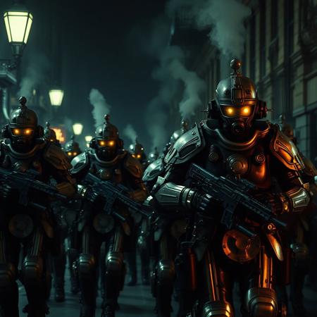(Ultra-realistic, 32k, Masterpiece, High Quality, Detailed Realistic Background, Official Art, Realistic Lighting, filmfotos, film grain, reversal film photography)In the dark streets of a steampunk city, the Church’s Mechanical Defense Divisions patrol with unwavering precision. These soldiers, towering and metallic, are adorned in Victorian-era, steampunk armor—mechanized suits with brass and iron exoskeletons, powered by hissing steam engines. Their eyes glow with dim, artificial light, scanning the surroundings. Gears turn, pistons pump, and exhaust steam rises from their backs as they march in perfect formation. Their weapons, a mix of steam-powered rifles and mechanical gadgets, reflect the industrial prowess of their order. Under moody, cinematic lighting, the eerie hum of their machines fills the quiet, chaotic night.