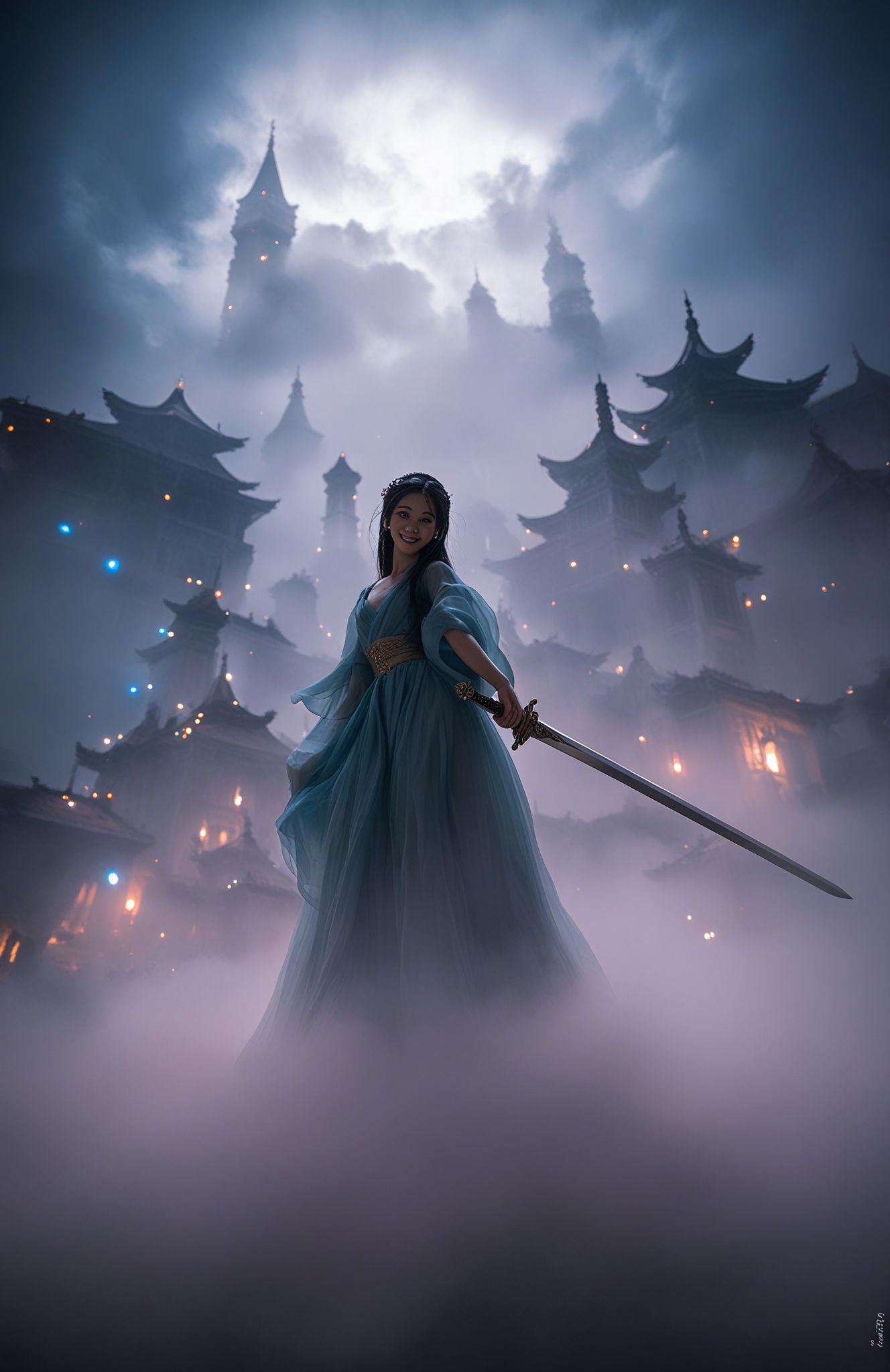 score_9,score_8_up,score_7_up,score_6_up,score_5_up,hanfu, a girl in cyan hanfu dancing with a sword on a cloud palace with lights, mist, fog and clouds, using a worm\'s eye view and looking at the camera with a smile