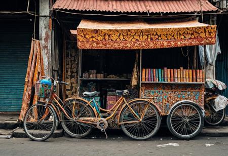 A bicycle parked on a Jakarta street, completely covered in Batik — from the frame to the seat and even the tires. The Batik pattern is bold and high-contrast, incorporating traditional motifs reimagined in modern metallic inks. Background shows a street market with subtle Batik influences: awnings, clothing, even the vendor carts. Surreal but grounded in urban realism, vibrant and playful.