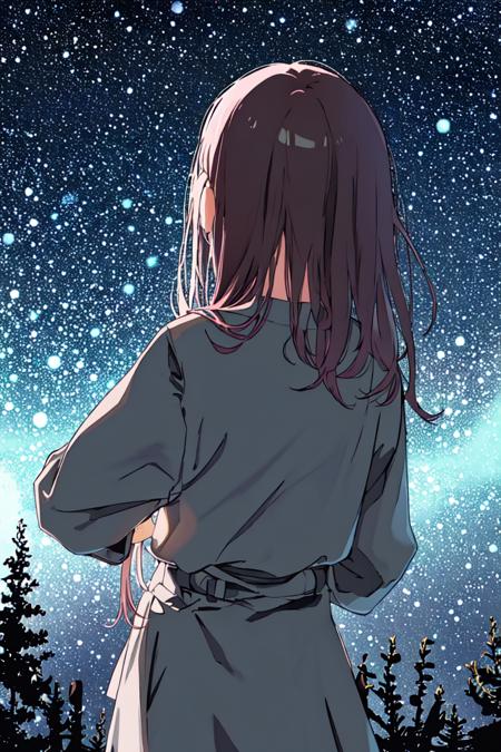 back view ,1girl, solo ,<lora:pytorch_lora_weights:0.8>,hand on own hip,star night sky, outdoor, snadow night,,hair ribon,<lora:back_view-v1-100:0.8>