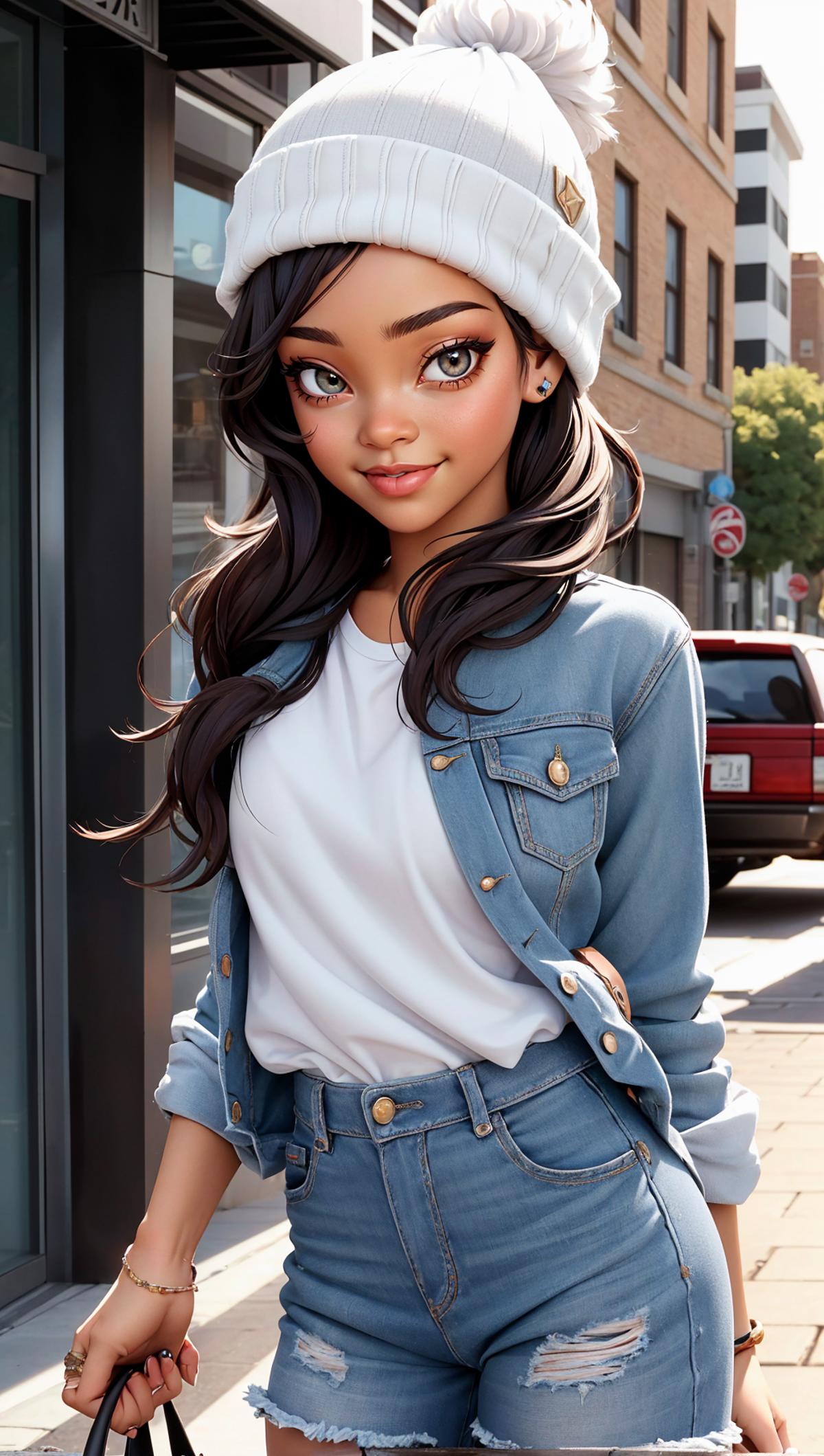 A cartoon image of a woman wearing a white shirt and blue jean jacket.