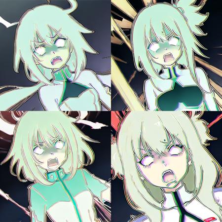 best quality, flat color, dutch angle, solo, face focus, from bellow,
1girl, blank eyes, surprised, open mouth, veins, anger vein, newtype flash, 
<lora:chromatic_aberration_narrow_v10:1>
 <lora:color_reversal_v10:1>  <lora:SurprisedBlankEyes_v1.2:1> <lora:outline:1> <lora:flat2:1>