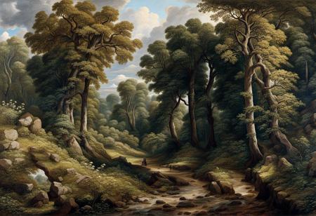 jhcst style a painting of  path in a forest  surrounded with  dense forest surrounding it, shrub, rock 