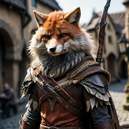 highly detailed full color candid photo of a werefox:1.2, 
werefox, solo, looking at viewer, holding, weapon, outdoors, holding weapon, armor, blurry, no humans, depth of field, blurry background, bow (weapon), realistic, arrow (projectile), 
realistic, depth of field, blurry background,
medieval town,
photorealistic,
analogue photography,
low key lighting,
