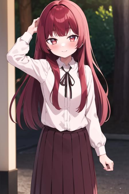 ((masterpiece, best quality)),1girl,standing,smile, outdoors,bangs, yaeka sakuragi, blush, collared_shirt,  long_hair, long_sleeves, looking_at_viewer,  pleated_skirt, ,neck_ribbon, red_hair,white shirt,<lora:yaekamix:0.9>