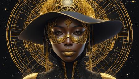a woman with a hat and a face mask, ornate galactic gold, tech-noir, net of being, black and yellow, tranquility of the endless stars, ebony skin, created in adobe illustrator, cyborg in the data center, pascal blanche, stylized portrait formal pose, no outline, a close-up, dark hat