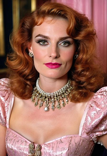 1boy,
A highly detailed best quality photography from the (year 1986:1.5) shows Catherine, a French (mature) femboy in a contemporary bar room. He leans lasciviously on a stylish chaise longue, half sitting, half lying down and looks at the viewer with a demeaning and arrogant smile on his face. 
The androgynous face of the Sissy with (narrow-set) wide open dark eyes, (long heavily crucked nose), (slim lower jaw), freckles and a (underbite) is (odd) but tells the interesting story of a live. The aged skin is wrinkled and shows agespots. The intricate wavy long ginger hair with (dark highlights) is elaborated. A heavy collar choker adornes the neck. He wears precious jewelry, Creole earrings and bangle bracelets. The decadent and extravagant (1980s style evening dress:1.5) results no cleavage because of a flat male chest.
The room is painted with gold and pink and has a minimalist furnishings in 1980s style. Wall lights create an intimate, subtle lighting atmosphere.