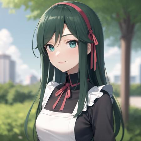 best quality, (masterpiece:1.2), illustration, absurdres,
(1girl, solo), (beautiful detailed girl), ((portrait, upper body)),
<lora:Bennet-08:0.8>, Bennet, aqua eyes, green hair, long hair, small breasts, hair ribbon, red headband,
black shirt, white apron, 
park, sky, clouds, trees, buildings,, ((blurry background, depth of field))
(shy:1.1), smile, looking at viewer,