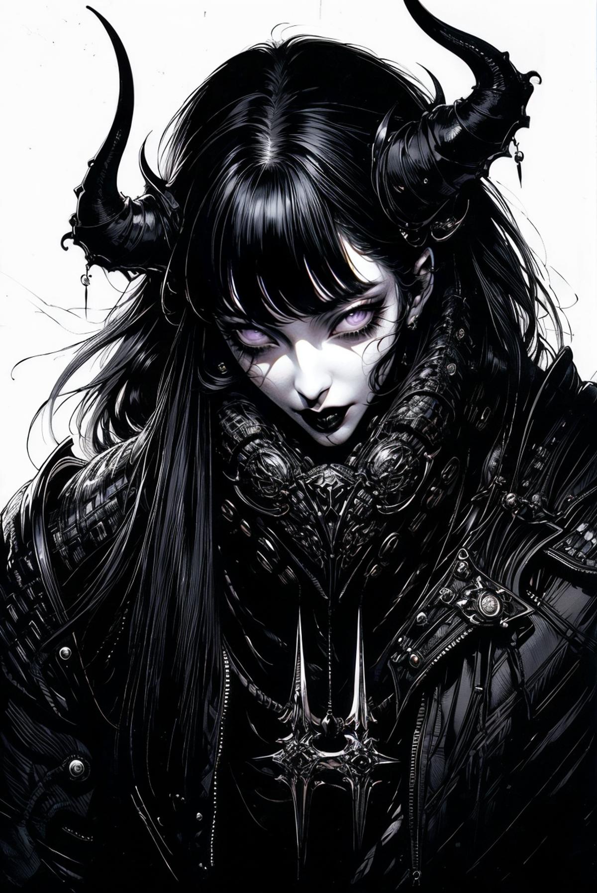 Darkly Drawn Illustration of a Woman with Long Hair and Horns
