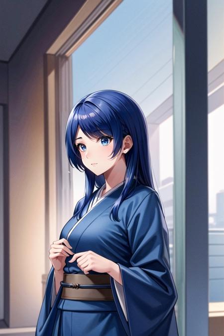 (masterpiece:1.2, best quality:1.2, beautiful, high quality, highres:1.1, aesthetic), detailed, extremely detailed, ambient soft lighting, 4K, perfect lighting, perfect face, perfect eyes, <lora:Samantha:0.4> 1 girl, samantha, blue hair, blue eyes, kimono, belt, <lora:more_details:0.3>, beautiful background