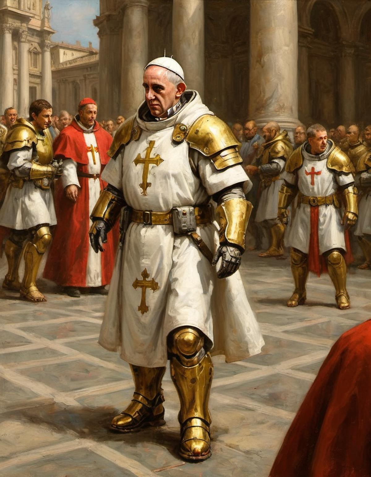 Pope wearing chain mail and holding a sword in a painting.