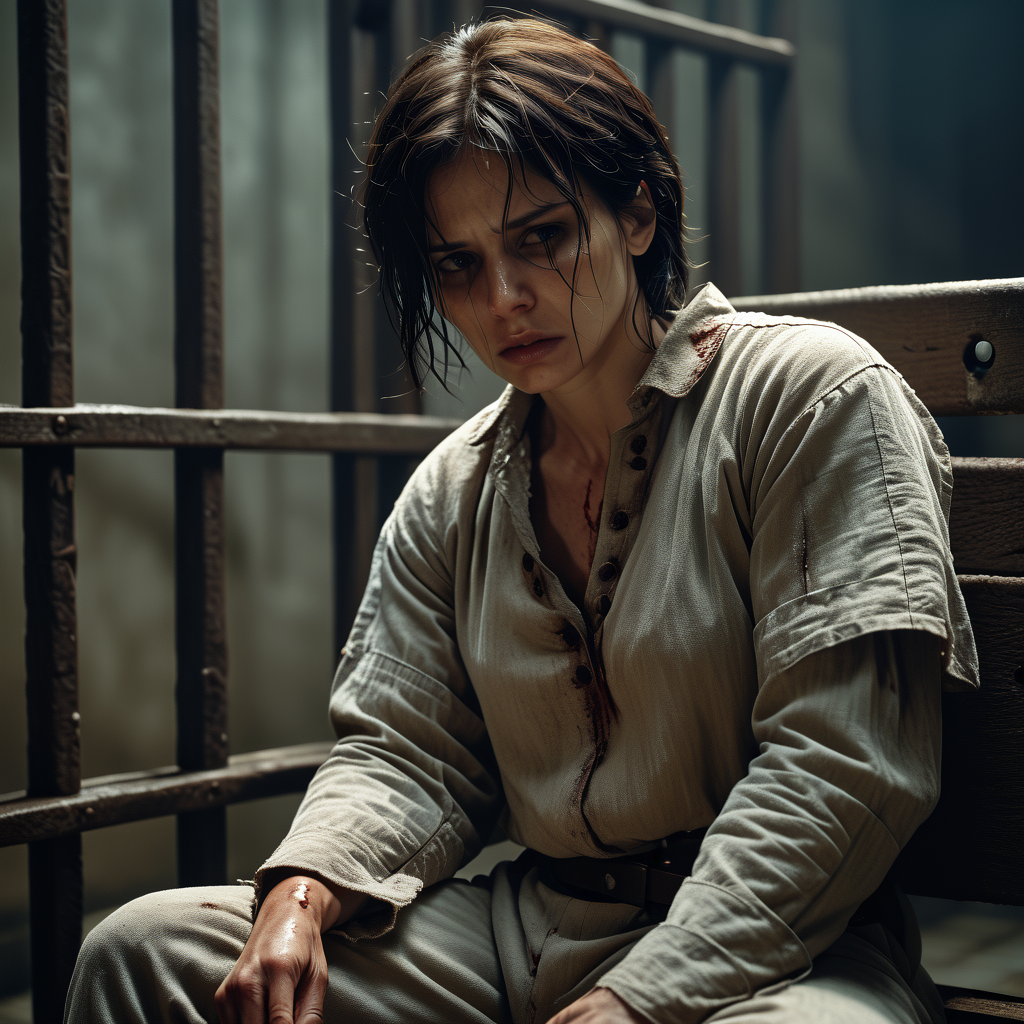 hyperrealistic_art_long_shot_of_hkstyle_joan_wearing_dirty_medieval_linen_shirt__cropped_short_dark_hair__bloody_face__bruises__injuries_pain__sitting_at_prison_bench__crying_imprisoned__chained_1.png