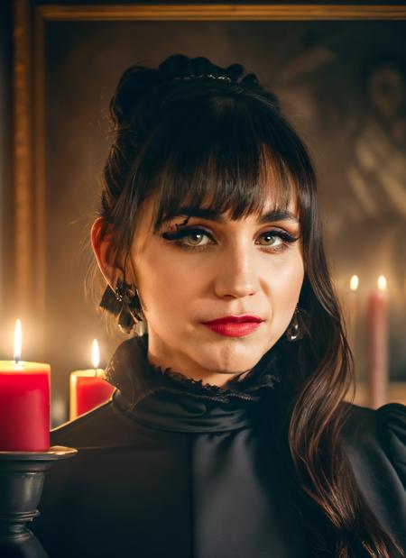 <lyco:Nadja:0.9> upper body portrait of nadja, skswoman, green eyes, makeup, wearing black gothic dress, double bun, bangs, half opened mouth with blood, vampire fangs, background blurred inside a mansion with (sargs:1.2), very old paintings in the wall, candles