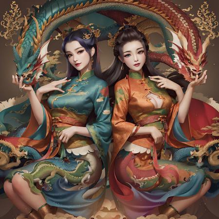 high quality, (dragon:1.2), (2girls:1.10), (taiji:1.2), longpao