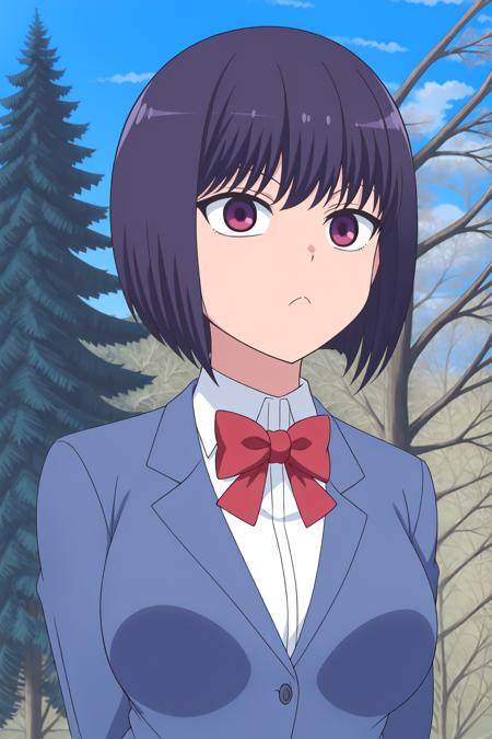 ((best quality)),((highly detailed)),masterpiece,absurdres,detailed face,beautiful face,(detailed eyes, deep eyes),(1girl),((dynamic pose)), <lora:hana:0.7>Hana, solo, 1girl, tree, short hair, school uniform, bow, upper body, purple eyes, outdoors, lamppost, sky, jacket, purple hair, shirt, black hair, day, gradient, cloud, :<, closed mouth, blazer, parody, looking up, gradient background, red bow, blue sky, breasts, no humans, white shirt, bowtie, expressionless, bangs, monochrome, comic, blue jacket, collared shirt, bob cut