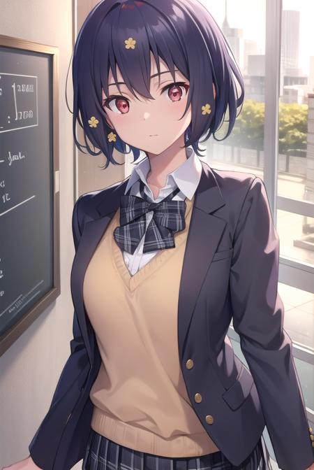 aimizuno, <lora:aimizuno-lora-nochekaiser:1>,
ai mizuno, black hair, hair between eyes, (red eyes:1.5), short hair,
BREAK black jacket, black legwear, black neckwear, black skirt, blazer, brown footwear, collared shirt, flower, hair flower, hair ornament, jacket, loafers, long sleeves, miniskirt, open clothes, open jacket, plaid, plaid neckwear, plaid skirt, pleated skirt, school uniform, shirt, shoes, skirt, sweater, white shirt, wing collar, yellow flower, yellow sweater
BREAK looking at viewer, full body,
BREAK indoors, classroom,
BREAK <lyco:GoodHands-beta2:1>, (masterpiece:1.2), best quality, high resolution, unity 8k wallpaper, (illustration:0.8), (beautiful detailed eyes:1.6), extremely detailed face, perfect lighting, extremely detailed CG, (perfect hands, perfect anatomy),