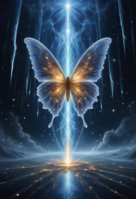 A vast temple suspended in a void where time flows in every direction. The pillars are formed from frozen lightning, crackling softly with golden energy, while the floor is woven from strands of pure stardust. Gigantic quantum butterflies, their wings made of fragmented galaxies, flutter in slow motion, leaving behind trails of shimmering constellations. Petals of crystallized time drift lazily through the air, each one showing a brief vision of an alternate reality before vanishing. The walls pulse like liquid obsidian, revealing glimpses of futures that may never come to pass.