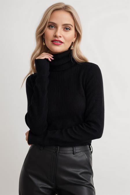 1girl,blonde hair,cowboy shot,earrings,gradient,gradient background,grey background,jewelry,lips,long hair,long sleeves,looking at viewer,nail polish,nose,pants,parted lips,realistic,smile,solo,standing,sweater,turtleneck,turtleneck sweater,raw photo,8k,realistic skin details,realistic hair details,makeup,eyeliner,lipstick,8k uhd,dslr,high quality,film grain,fujifilm xt3,16k uhd,dslr,best quality,, RAW candid cinema, 16mm, color graded portra 400 film, remarkable color, ultra realistic, textured skin, remarkable detailed pupils, realistic dull skin noise, visible skin detail, skin fuzz, dry skin, shot with cinematic camera