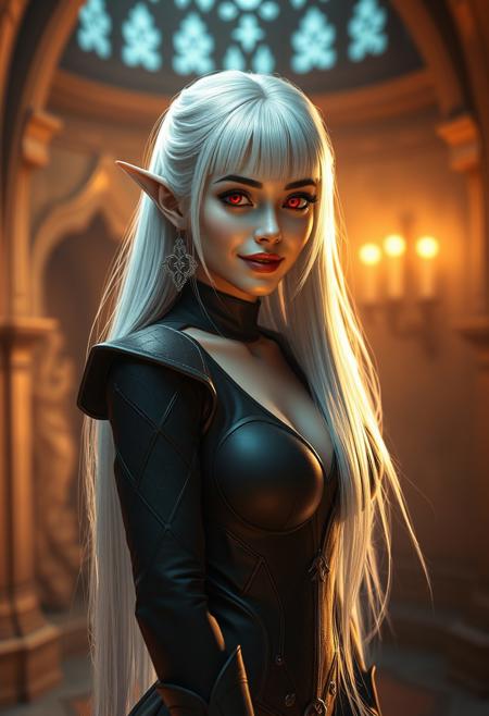 (Smooth Quality:0.8),masterpiece,best quality,amazing quality, absurdres, ultra-HD, 8k, fit body, raytracing, soft lighting, volumetric lighting, ambient occlusion, absolutely eye-catching, highest quality, usnr, (cinematic composition:1.3), depth of field, (adult), (mature female:1.2), very aesthetic, smooth image, (detailed face and eyes), mesmerizing gaze, sharp focus, warm lighting, semi realistic, girl emphasize body relief, shadow, BREAK masterpiece, best quality, 32k, high resolution, absurdres, 1girl, elf girl, albino white hair, albino white eyebrows, (((colored eyelashes, albino white eyelashes:1.5))), blunt bangs, long hair, straight hair, glowing red eyes, slim, small breasts, red lips, sexy smile, silver earrings, (beautiful full lips), (wide hips), (sexy thighs), (thin thighs), high heel boots, full body focus, fantasy medieval castle interior, sexy smile, small oni horns, red oni horns, tiny red oni horns, strutting down the hallway of a high fantasy castle. BREAK <lora:MoriiMee_Gothic_Niji_Style_Illustrious_r1:0.6> <lora:USNR_STYLE_ILL_V1_lokr3:1> rave dress(very short dress)(tiny dress), sideslit, bimbo, dmngrlz