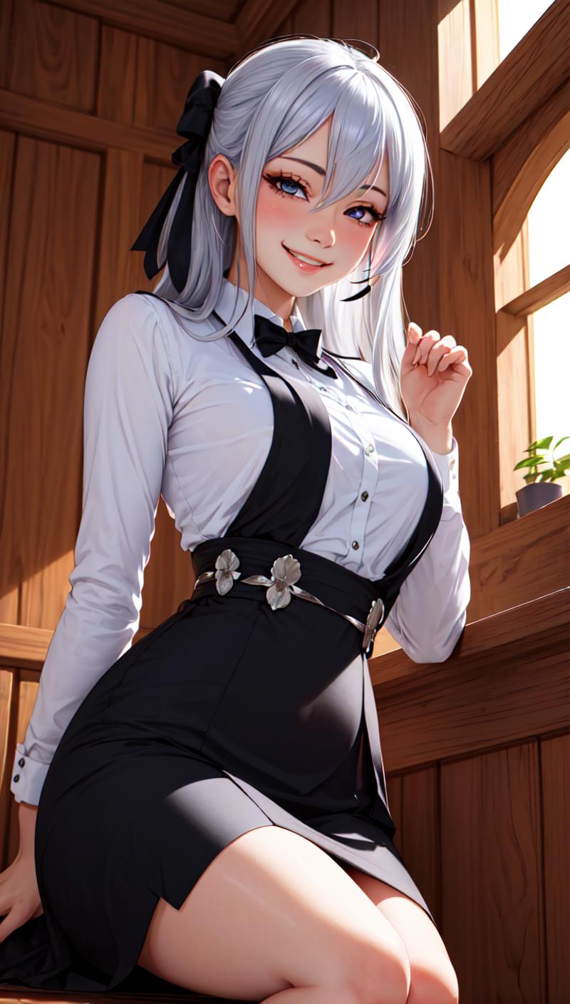 A cartoon image of a woman in a white shirt, black vest, and black skirt posing for a photo.