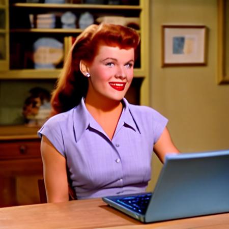 tchnclr style, a portrait of a smiling woman looking at an laptop