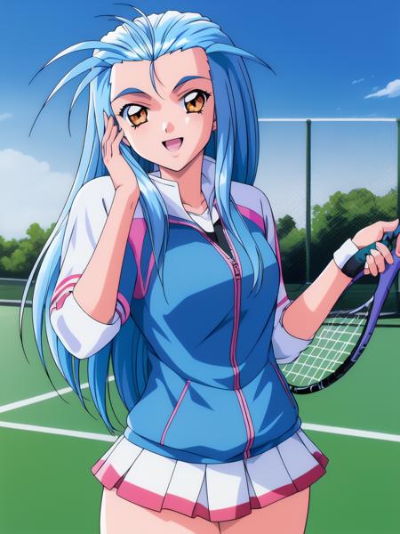 <lora:Minazuki_Kotoko:1>MinazukiKotoko, 1girl. soro, blue_hair, long_hair,  orange_eyes, 
plays tennis,laugh,thighs,
masterpiece, high quality, very_high_resolution, large_filesize, full color,