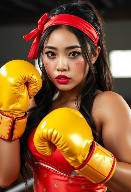 Cinematic full shot of a gorgeous, curvaceous asian female boxer with freckles, thick legs, eyelashes and big pink lips, red silk cheerleader uniforms, glossy lips, headbands, and shiny yellow boxing gloves with her hands in a boxing stance and pursed lips